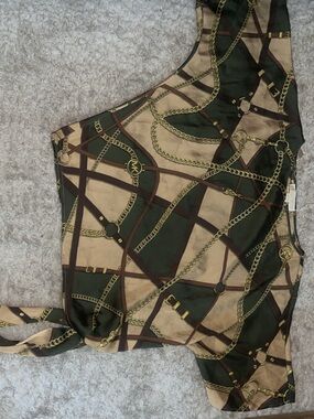 Michael Kors Green and Beige Chain-Print Blouse with Tie Front